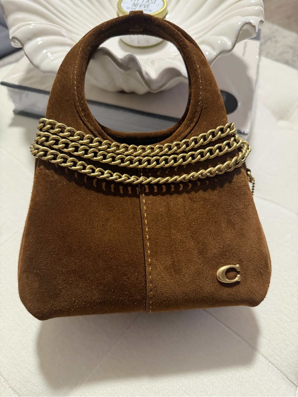 Coach Suede Mini Tote Bag with Chain Accent